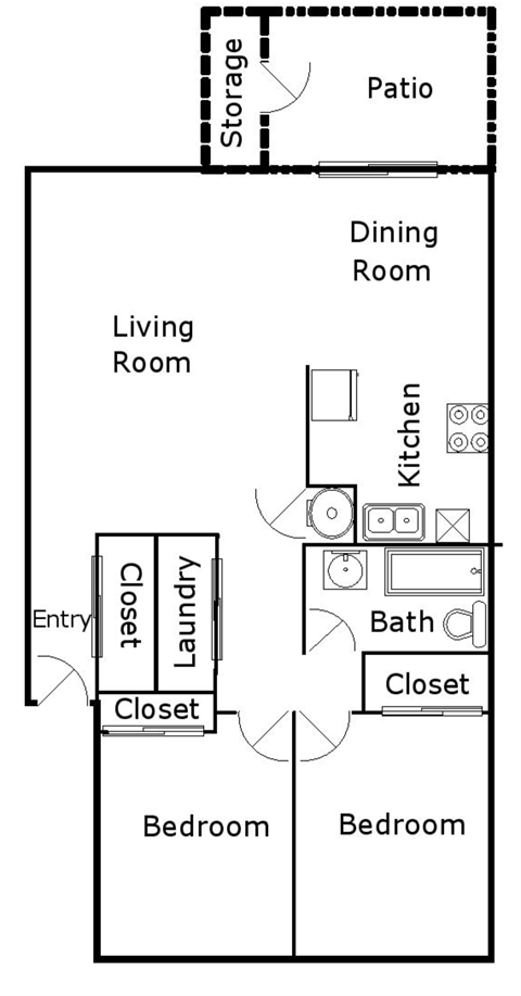 Floor plan for 2 beds, 1 bath, 975 sqft
